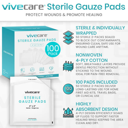 Vive Care 4x4 Sterile Gauze Pads (100pc) - Individually Wrapped 2-Pack Wound Dressing for Cleaning & Cushioning - Non-Adhesive Highly Absorbent Bandages