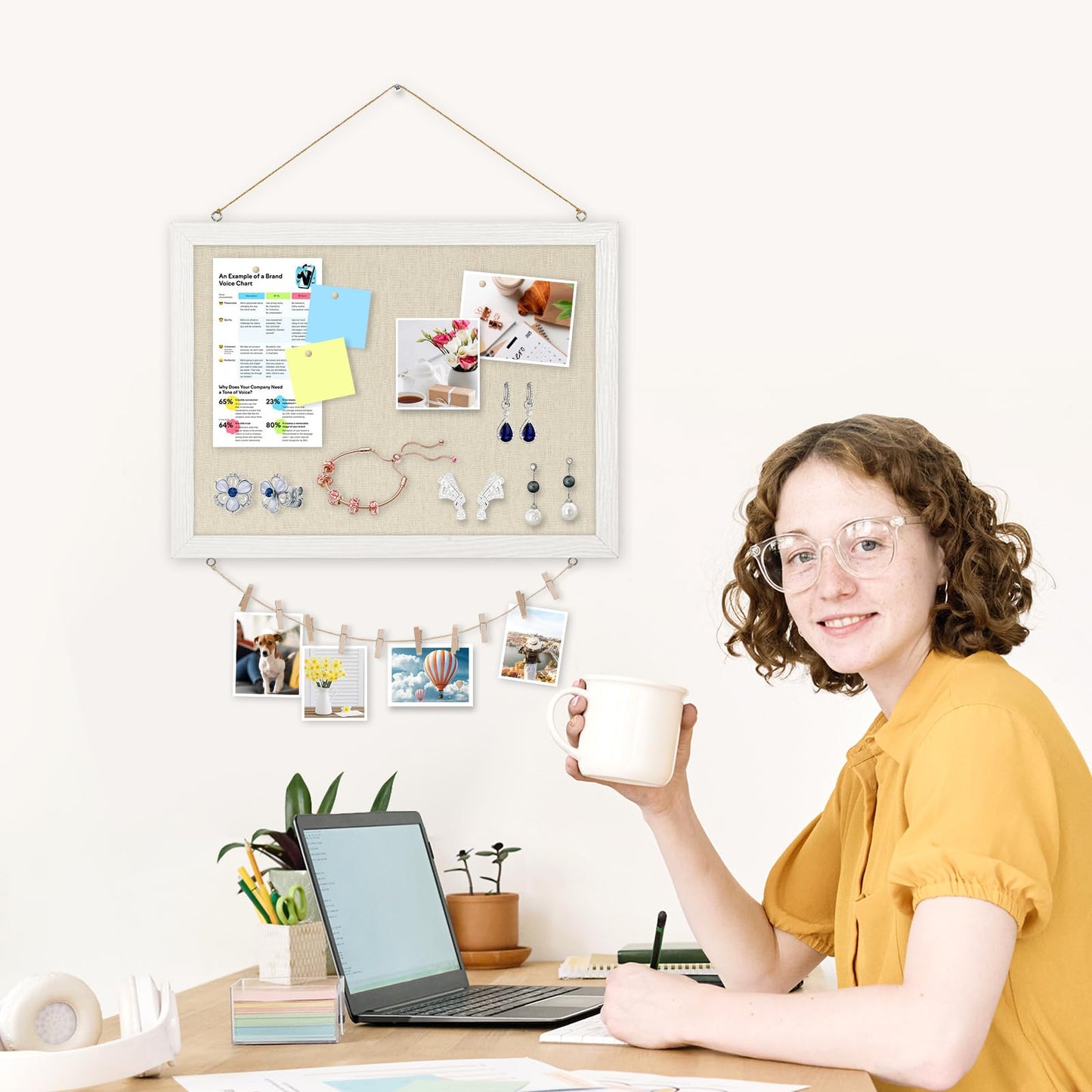 DOLLAR BOSS Bulletin Boards with Linen 1-Pack 16''X 12'' Double-Sided Cork Board for Walls Wood Framed Bulletin Boards, Small Pin Board for Home Kitchen Office Decorative Hanging 10 Pushpins