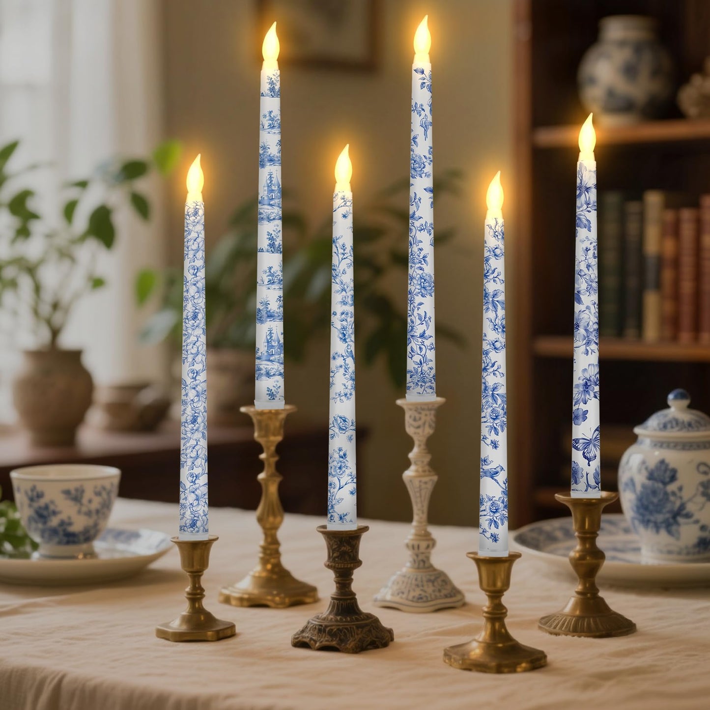 Kuabiz 6 Pcs Chinoiserie Flameless Candles 10.8 Inch Floral Taper Candles Blue and White Battery Operated Candle Decor for Wedding Table Centerpiece Garden Home Party Decor Supplies