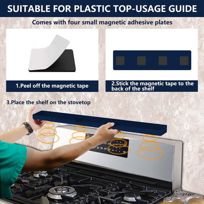 AWOKE Stove Top Shelf 30 Inch - Silicone Material Magnetic Shelf for Stove - 3 Functional Partitions Kitchen Spice Rack Organizer-Black,Kitchen Gadgets Storage Organization