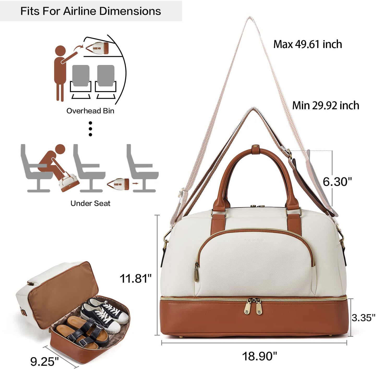 BOSTANTEN Weekender Bags for Women Leather Travel Duffle Bag Carry On Large Tote Duffel with Shoe Compartment and Trolley Sleeve