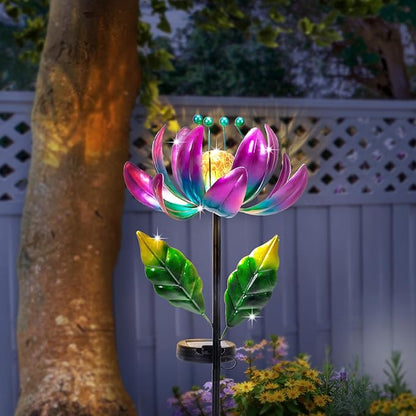 Huaxu Solar Outdoor Lights 35.4In Garden Decor Flower Wind Spinners,Waterproof LED Crackle Glass Globe Purple Lotus Art Metal Stake for Lawn Patio Pathway Yard Porch Driveway Decorations Gift