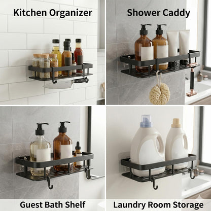 Wall Mounted Shower Caddy Shelf with Hooks, Bathroom Kitchen Organizer Rack for Save Space No Drill Adhesive Storage for Shampoo Conditioner Cosmetics Toiletarticles and Miscellaneous ltems