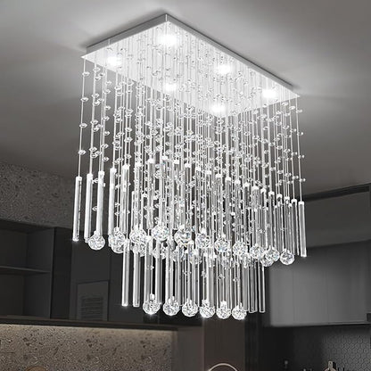 D24''XH28'' Rectangular Crystal Chandelier SilverRectangle Pendant Ceiling Light Fixture Raindrop Chandelier for Dining Room Living Room Kitchen Island Bar