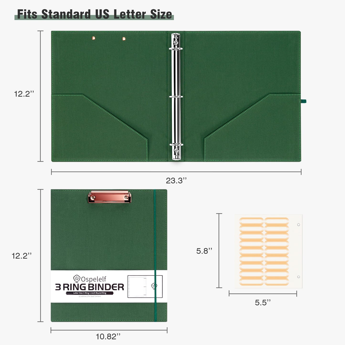 Ospelelf 3 Ring Binder 1 Inch Binder Organizer with Zipper Pouch, Linen Hardcover Portfolio Clipboards for Letter Size (8.5" x 11"), 5 Plastic Binder Dividers with 10 Pockets (Green)