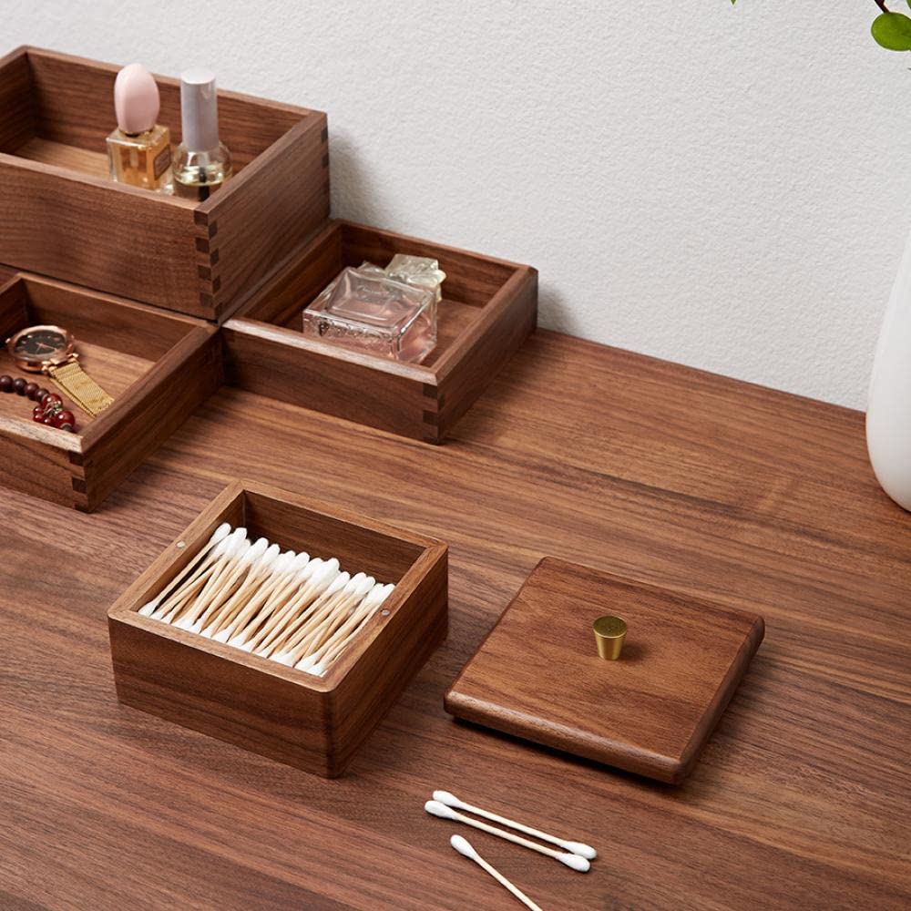 Sizikato Walnut Wood Q-Tip Box with Lid, Bathroom Cotton Swab Dispenser.