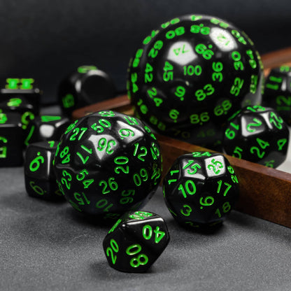 Poludie 15 Pieces Complete Polyhedral DND Dice Set D3-D100 Spherical D&D Dice Set with Dragon Eye Dice Bag, D100 Dice for Dungeons and Dragons, RPG Table Games(Black w/Green Numbers)
