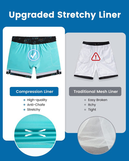 maamgic Mens Swim Trunks with Compression Liner 5 Inch, Quick Dry Bathing Suit with Zipper Pockets, Stretch No-Chafing Swim Shorts, Black-Colorful Dinosaur Small