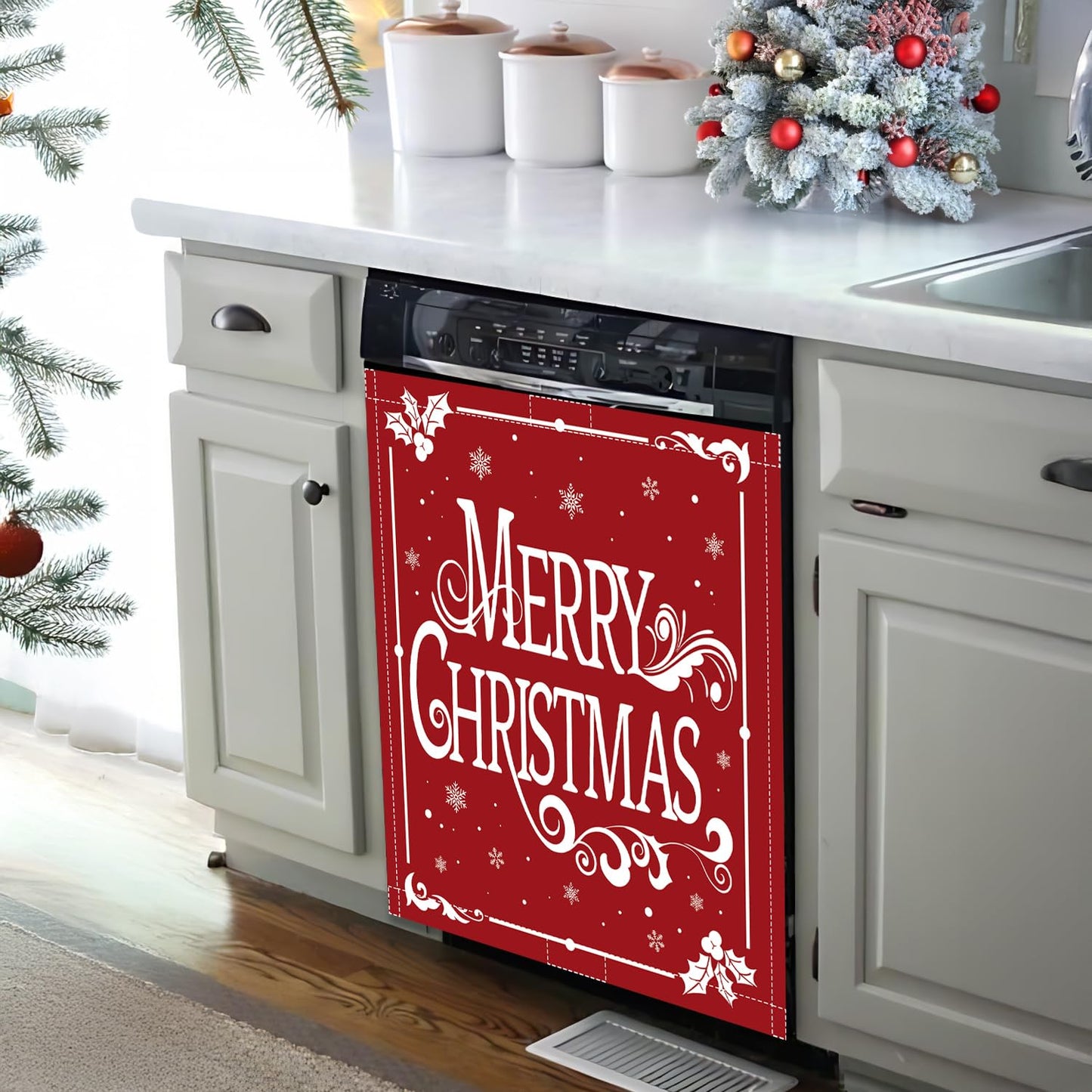 Christmas Dishwasher Magnet Cover 23x26in Merry Christmas Dishwasher Cover for Washers Fridge Panel, Snowflake Magnetic Covers for Kitchen, Machine Door Covers Decor, Red Christmas Kitchen Decor