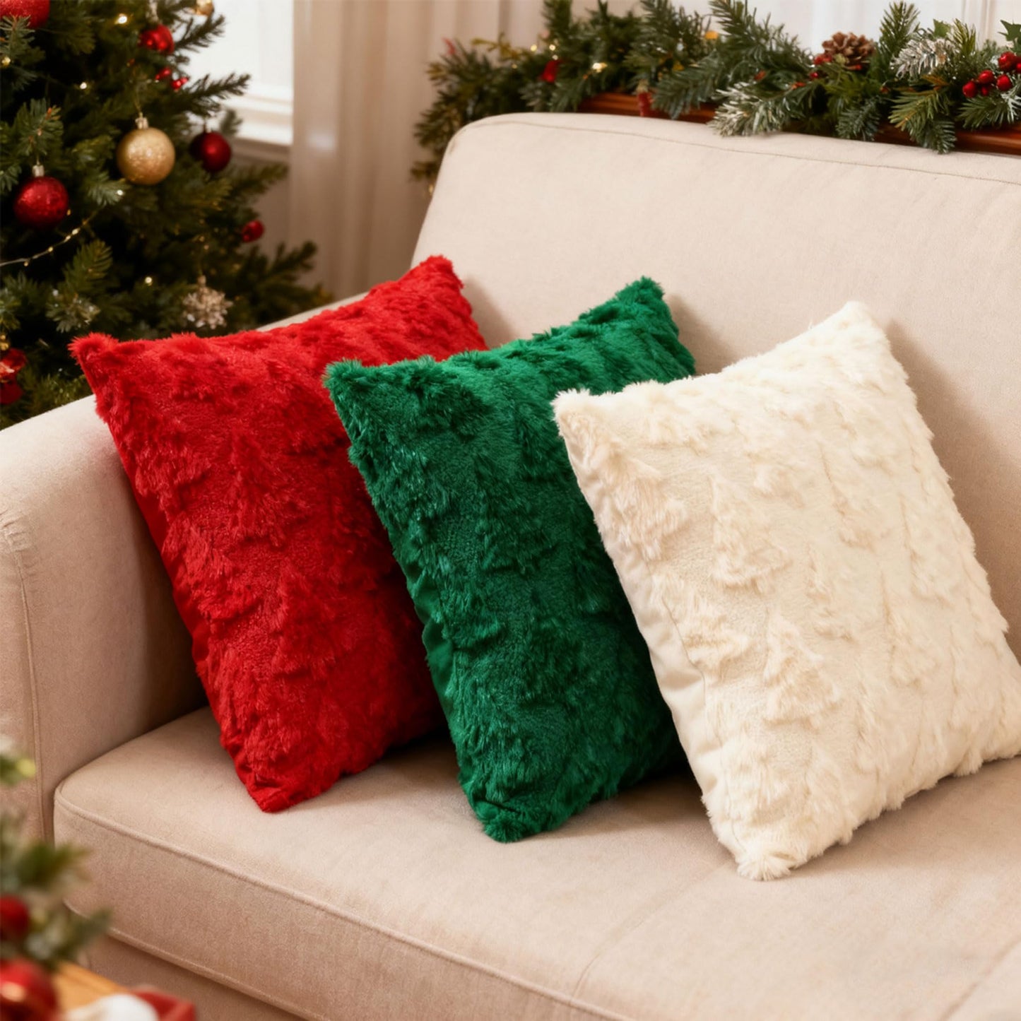 Octisys 3-Pack Christmas Tree Pillow Covers 18x18 Inch - Xmas Throw Pillow Cover Decorations - Soft Plush Cushion Case for Christmas Sofa Couch Bed Room Decoration - Winter Holiday Home Decor