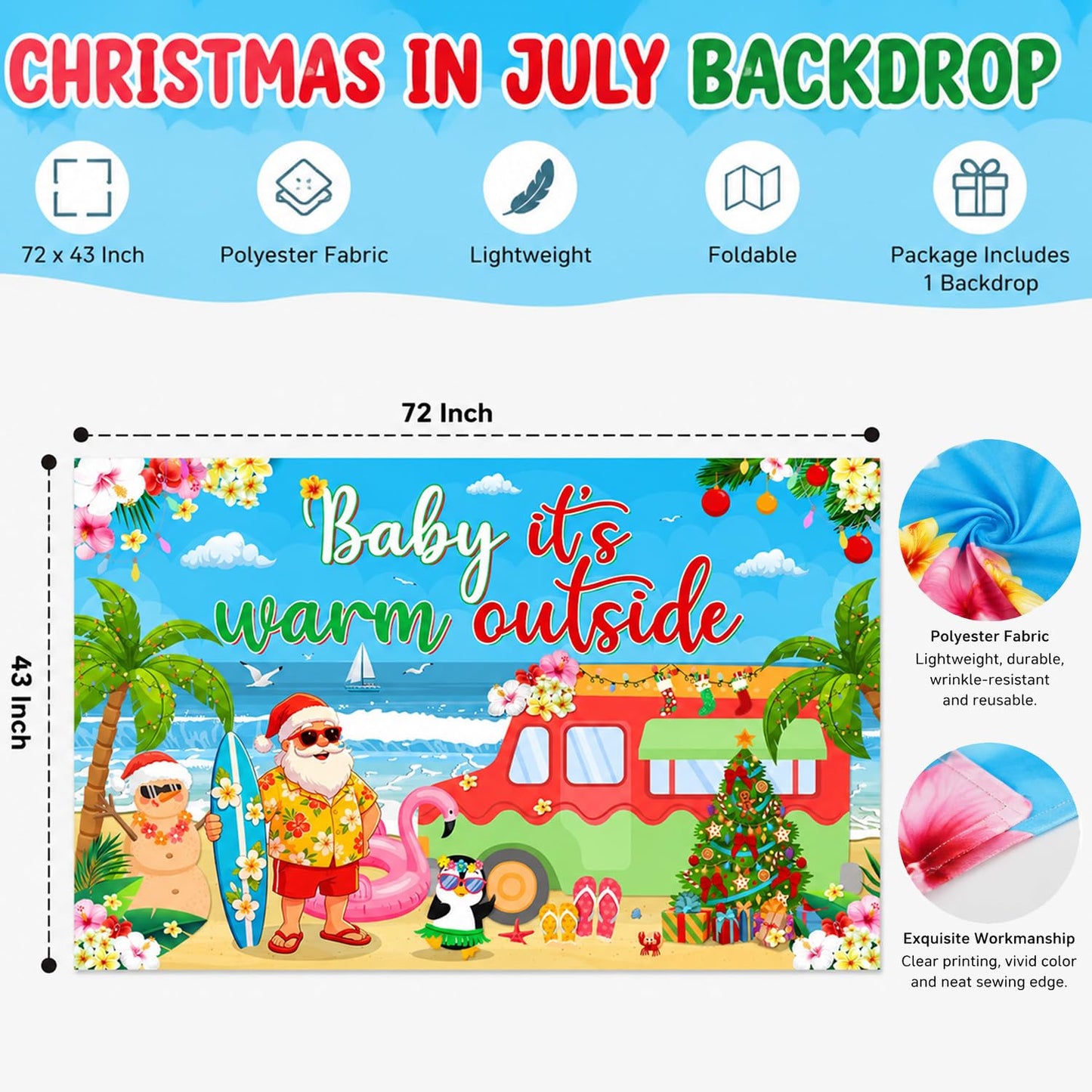 Christmas in July Backdrop 72x43 Inch Polyester Fabric, Baby Its Warm Outside Summer Santa Beach Party Decorations, Tropical Holiday Photo Background for Pool Luau Wall Decor