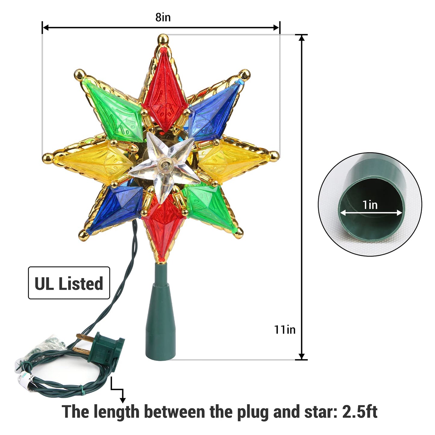 Brizled Christmas Star Tree Topper, 8" Lighted Double-Sided Christmas Tree Topper, 8-Point Multi Color Xmas Tree Topper with 10 Warm Lights, 120V UL Certified Tree Star for Christmas Tree Party Home