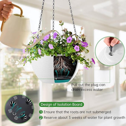 Set of 2 8 Inch Self Watering Hanging Planters for Indoor Outdoor Plants, Light Textured Hanging Baskets Flower Pots with Drainage Hole & Plug and 20" Chain Hanger