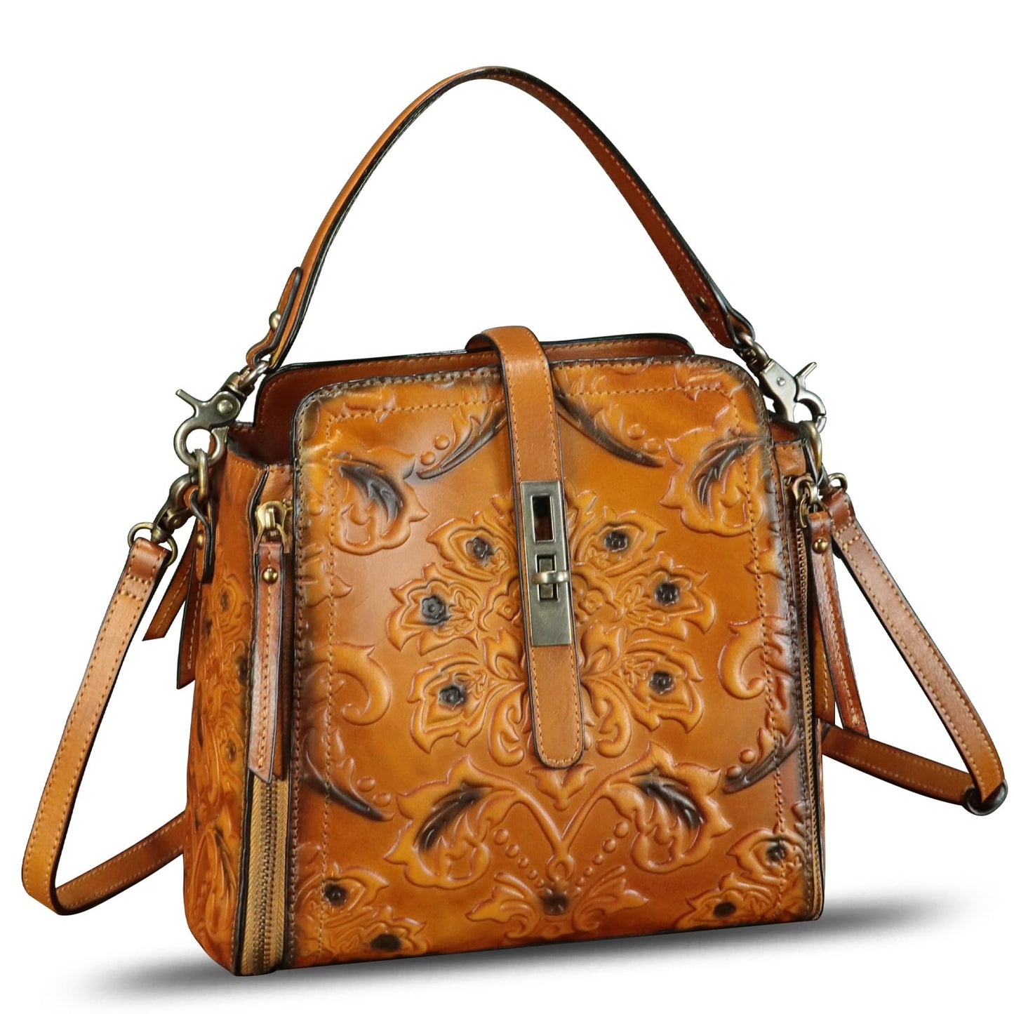 Genuine Leather Purses and Handbags for Women Retro Embossed Crossbody Shoulder Bag Satchel Pouches (Brown)