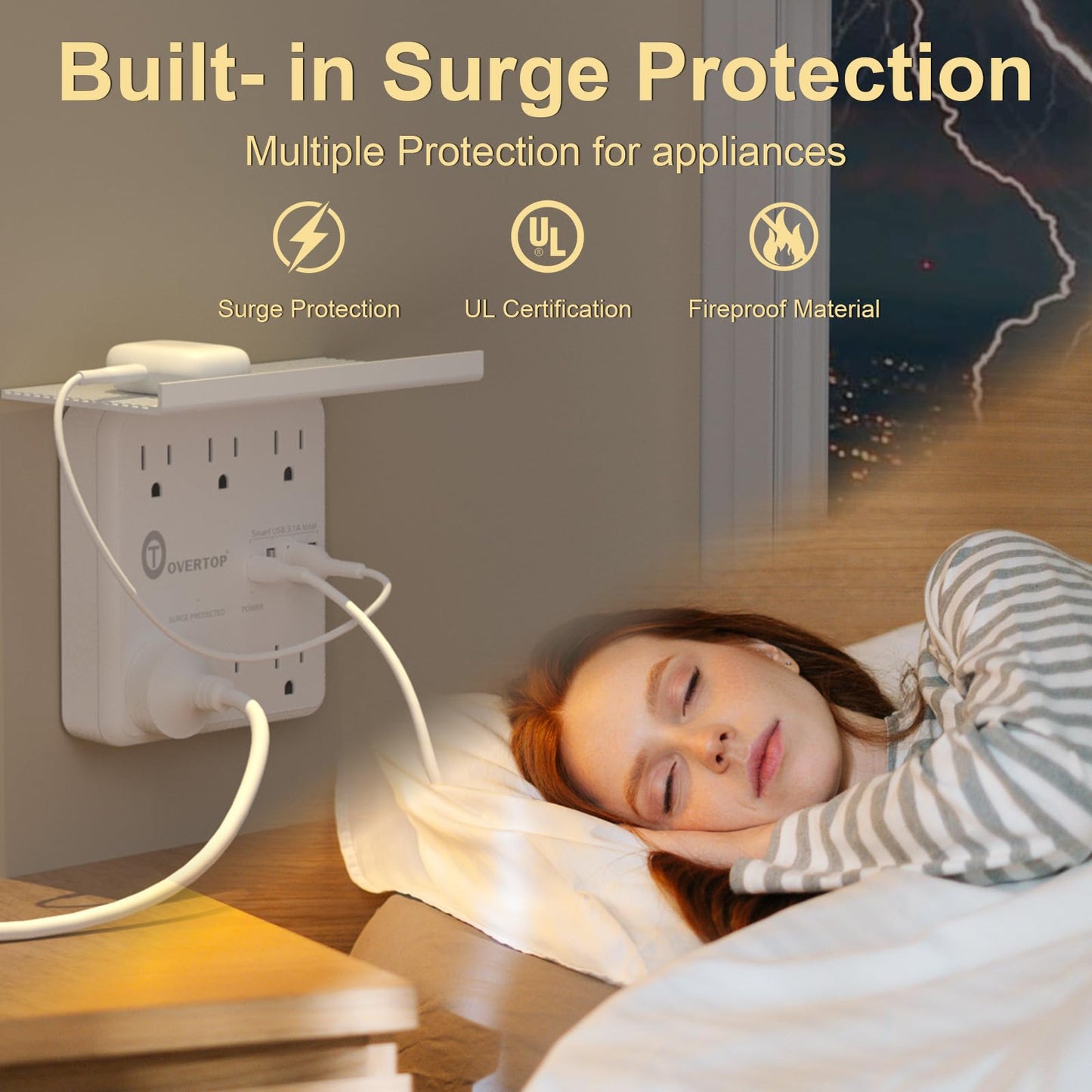 Overtop Power Charger with Shelf, Wall Outlet Extender Surge Protector with 6 AC Outlets, 4 USB Ports(1 USB C) Plug Expander Charger Shelf with Storage for Home, Dorm
