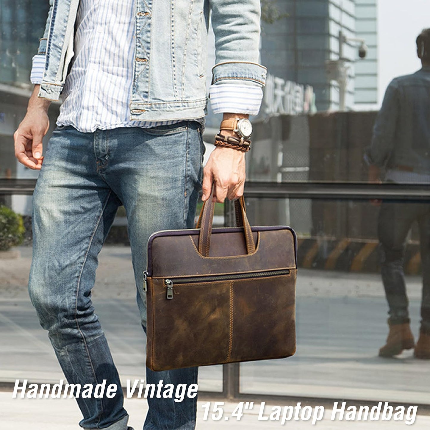 CataPurus Top Grain Leather 15.4" Slim Laptop Briefcase Handbag, Vintage Design with 5 Pockets, Handmade, Compatible with MacBook Pro/Air 13.3"/14.2"/15.4"/16" & other Laptop/Tablet, Coffee 15.4 Inch