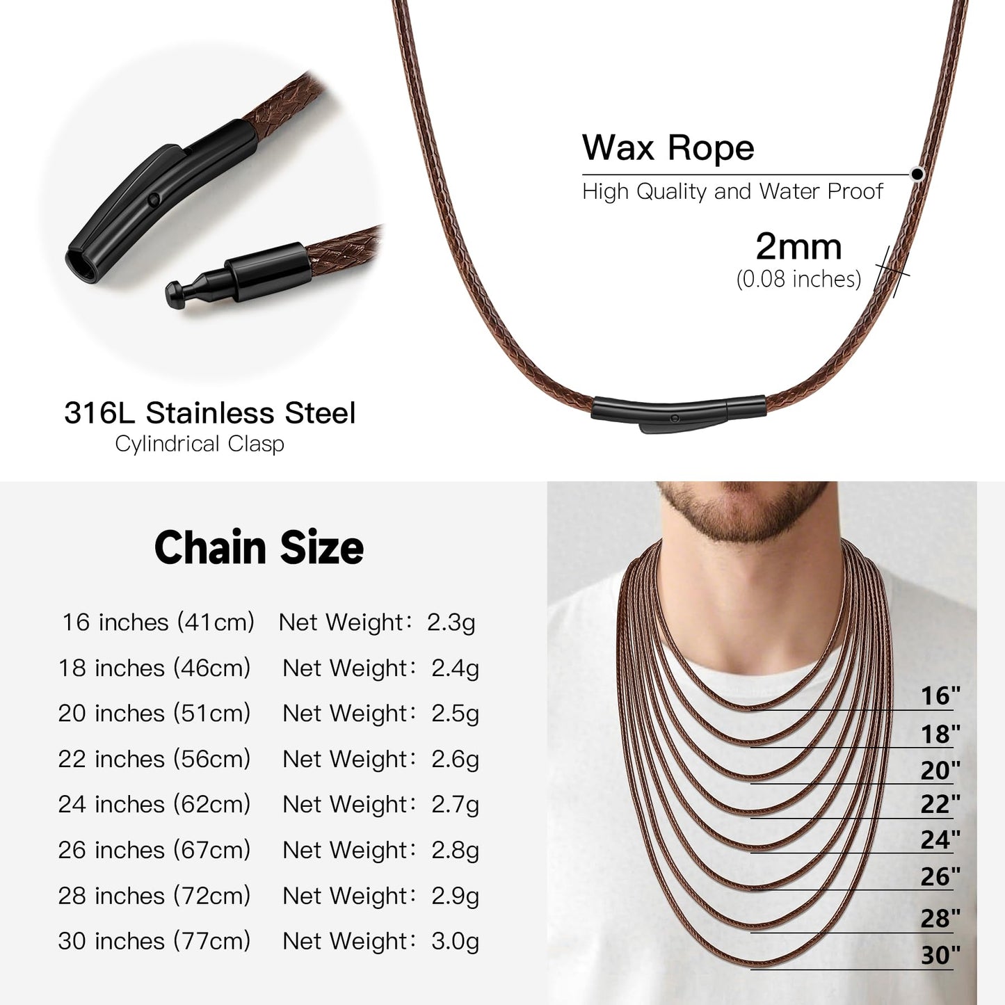 Oaldilee Leather Necklace Cord, 22 Inch Brown 2MM Wax String Rope Chains for Men Women Waterproof Neck Chain