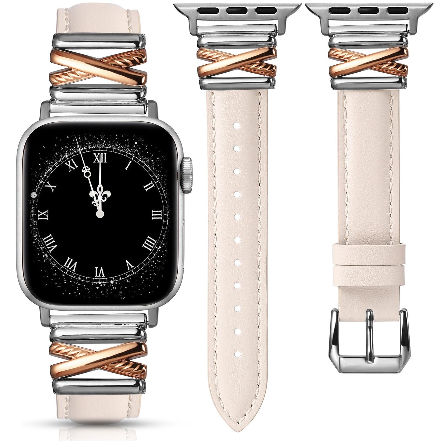 Minyee Leather Band Compatible with Apple Watch 38/40/41/42mm Women, Dressy Slim Premium Leather Strap with X-Shape Metal Buckle for iWatch Series 11 10 9 8 7 6 5 4 SE/Ultra 3 2 1, Rose Gold/Sliver