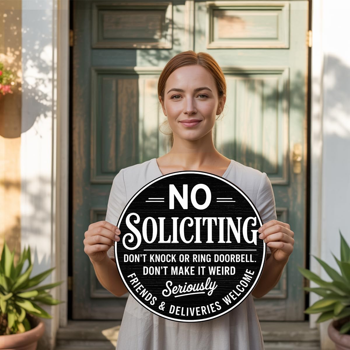 No Soliciting Wood Hanging Sign for House Front Door, Don't Knock or Ring Doorbell House Welcome Sign