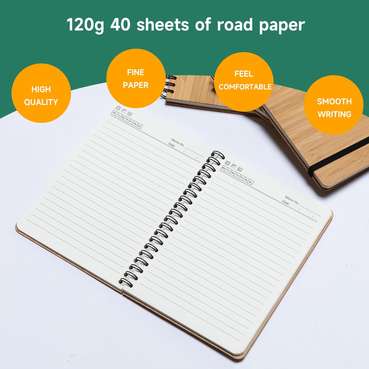 CWUINT 4 Packs Lined Bamboo Notebook Journals, Wooden Notebooks 80 Pages, 5" * 7" Hardcover Notebook College Thick Paper Notebook, Journaling Notebook for Work Women Men School