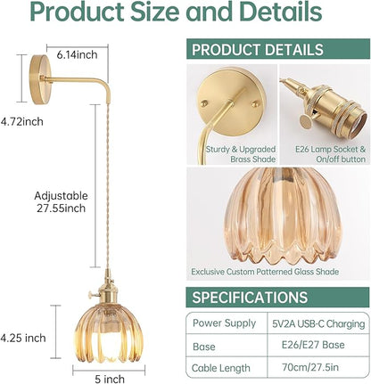 Battery Operated Wall Sconce with Amber Tulip Shade Pattern Glass Adjustable Chain Retro Gold Wall Mounted Light, Modern Wall Decor for Bedside Bedroom Indoor Doorway， Set of 2