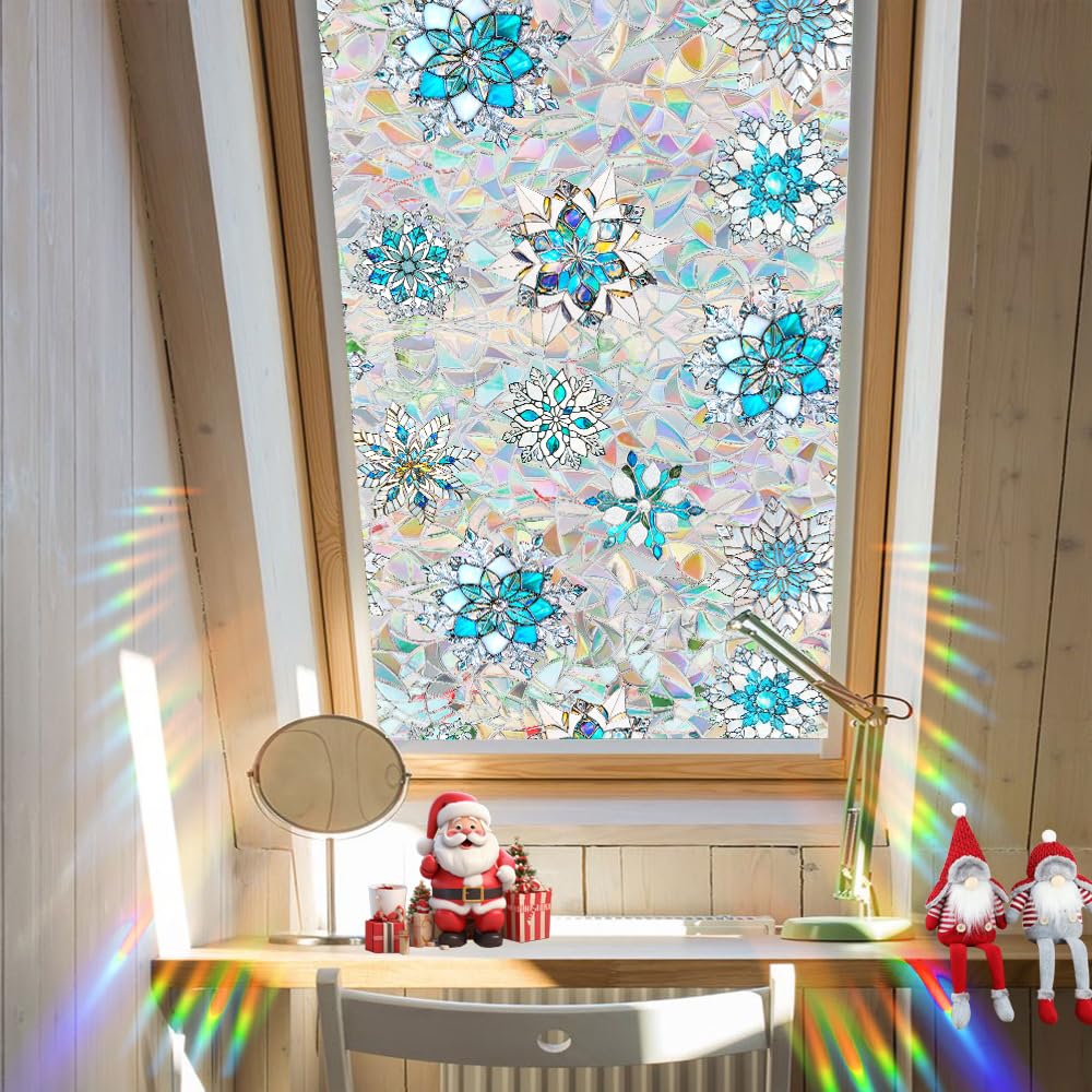 Snowflake Window Film, Stained Privacy Rainbow Window Sticker, Christmas Glass Decals, Static Cling Non Adhesive Door Clings UV Blocking, 17.7" x 43.3"
