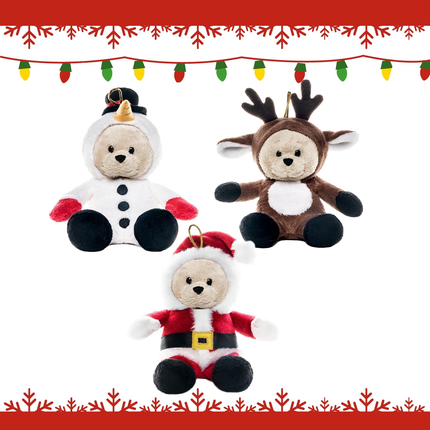My OLi Christmas Teddy Bears Stuffed Animal 7in Plush Bears with Flippable Hats Pack of 3 : Santa, Reindeer and Snowman Soft Toys for Kids Boys Girls Hanging Decorations for Christmas Trees