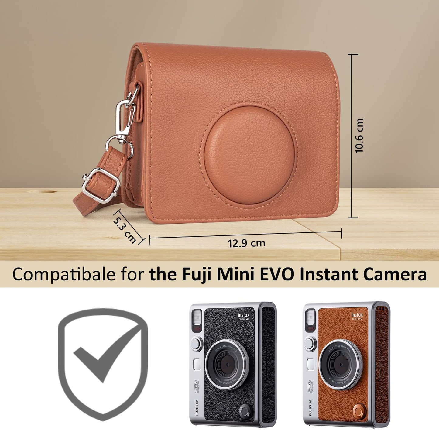 MUZIRI KINOKOO Instax Mini EVO Case with Photo Print Slot Lychee-Grain PU Leather Fuji Mini EVO Camera bag with Adjustable Shoulder Strap&Precise Charging Port&Detachable Protective Cover-Brown