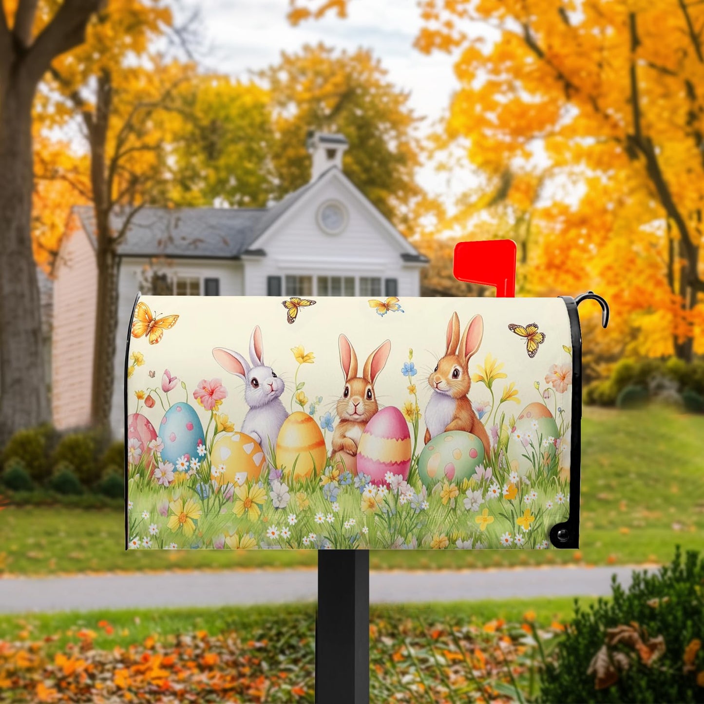 VentuCoven Easter Mailbox Covers Rabbits Mailbox Cover Standard Size 21x18 in Spring Floral Post Letter Box Cover for Garden Yard Decoration Waterproof Oxford Beautiful Eggs