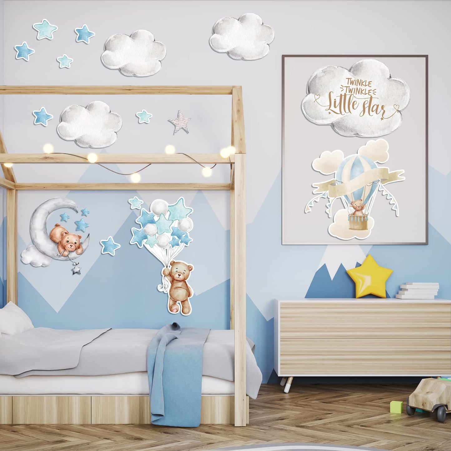 Yinder 12 Sheet 78 Pcs Bear Highland Cow Wall Decals Cute Highland Cow Sticker Nursery Baby Wall Decor for Kids Girls Boys Baby Room Bedroom(Blue Bear)