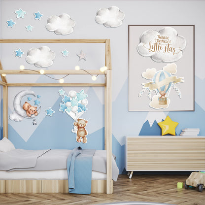 Yinder 12 Sheet 78 Pcs Bear Highland Cow Wall Decals Cute Highland Cow Sticker Nursery Baby Wall Decor for Kids Girls Boys Baby Room Bedroom(Blue Bear)