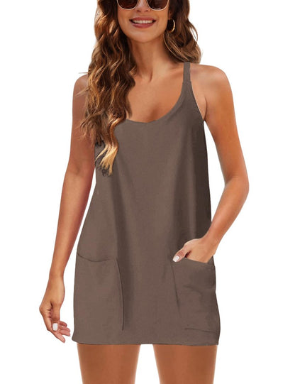 Lentta Womens Athletic Sleeveless Mini Dress with Built-in Shorts V Neck Spaghetti Strap Sundress(LightCoffee-L)
