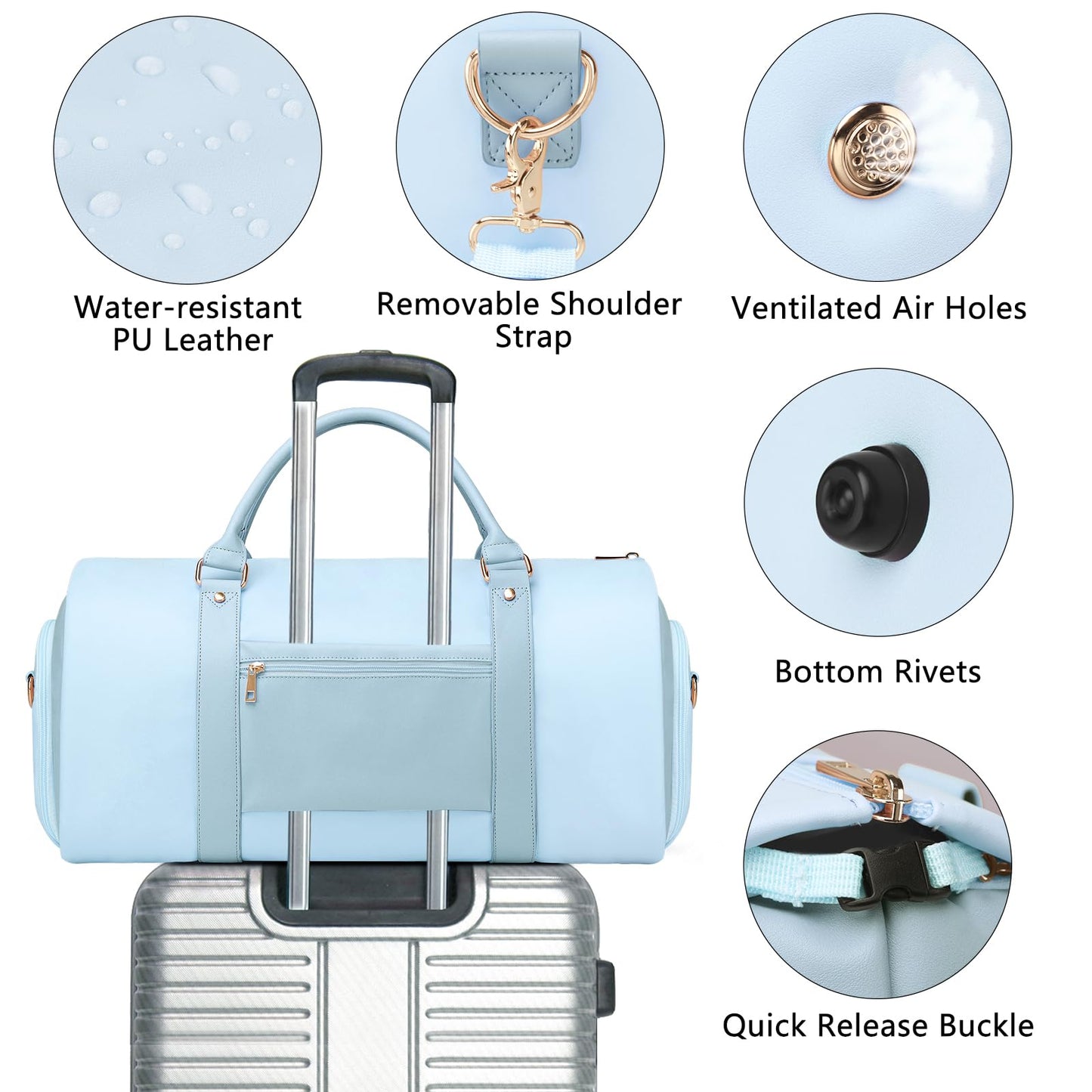 BOLOSTA 2 in 1 Convertible Garment Duffle Bags for Travel Foldable Carry On Garment Bag for Women with Shoe Compartment Leather Suit Bag for Hanging Clothes Long Dresses, Blue
