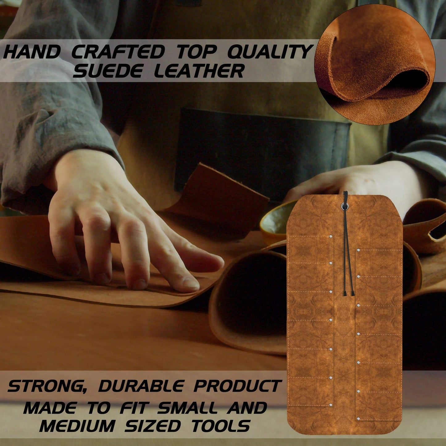 UJ Ramelson 12 Pocket Suede Leather Tool Roll Up Holder Organizer Bag Pouch for Woodworking, Wood Carving, Chisel, Gouge, and More, Brown
