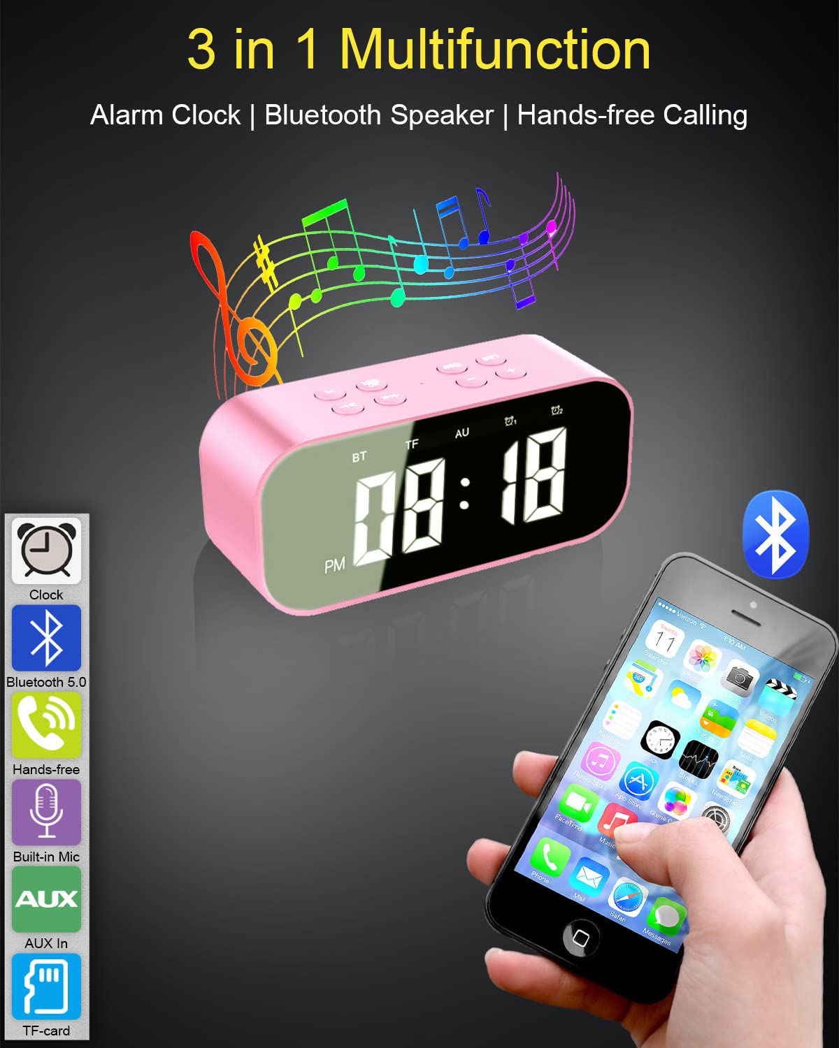 AFK Alarm Clock with Bluetooth Speaker for Bedroom,Small Digital Clock with Dual Alarms,Snooze,Mirror LED Display for Girls,Adults.