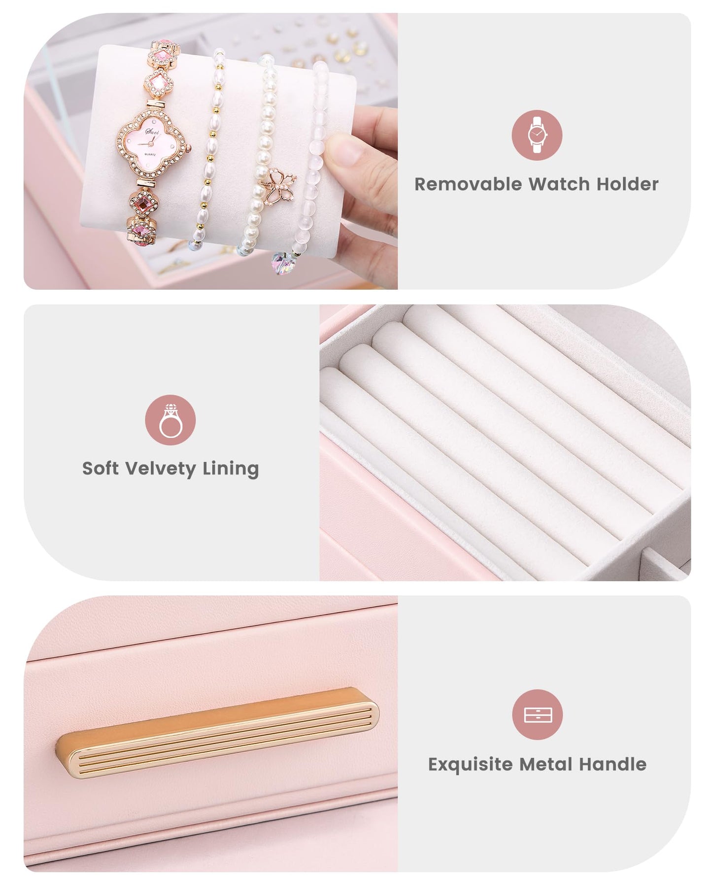 Lolalet 2-Layer Jewelry Box Organizer for Women Girls, Jewelry Storage Case Holder with Drawers for Necklaces Ring Earrings Bracelet Watch, Gifts Choice for Mom Mother’s Day -Pink