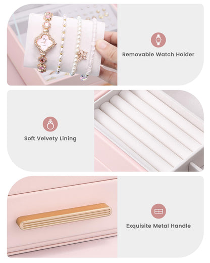 Lolalet 2-Layer Jewelry Box Organizer for Women Girls, Jewelry Storage Case Holder with Drawers for Necklaces Ring Earrings Bracelet Watch, Gifts Choice for Mom Mother’s Day -Pink