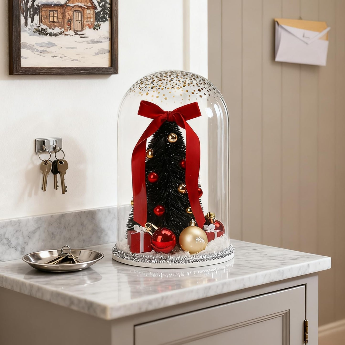 Christmas Decorations Table Centerpieces, Christmas Tree with Ornaments in Dome Cloche, Xmas Winter Tabletop Decor for Tiered Tray Shelf Mantel Fireplace Coffee Table Office Desk Holiday Decoration