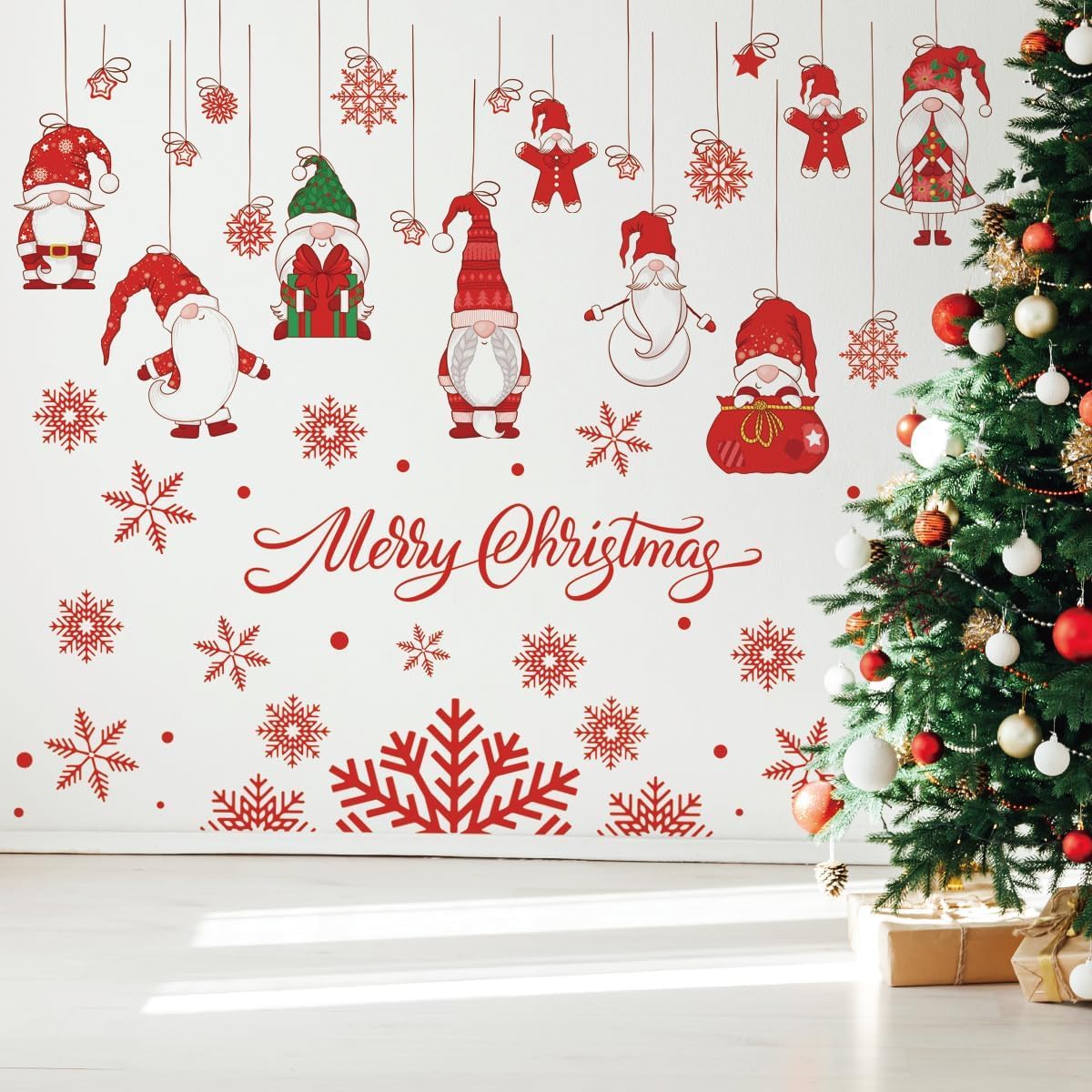 61.02 x 48.42 Inch Wall Decals: Merry Christmas Gnome Wall Stickers - Removable, Perfect for Xmas Holiday Party Supplies & Home Wall Decor