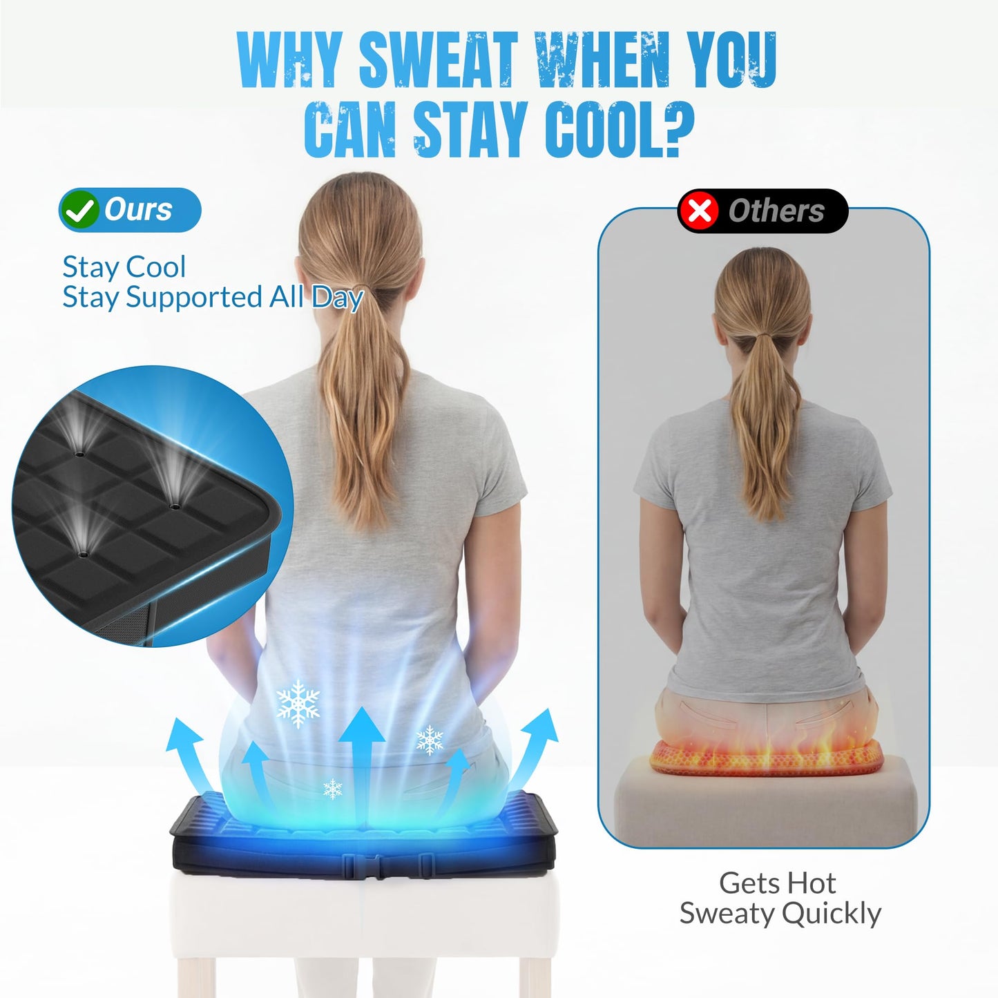 Cooling Seat Cushion with Fan, 5V2A USB Powered (No Battery), Gel Cooling Cushion with 3-Speed Airflow for Long Sitting, Plug-in Portable Seat Cushion for Office Chair, Car, Gaming, Wheelchair