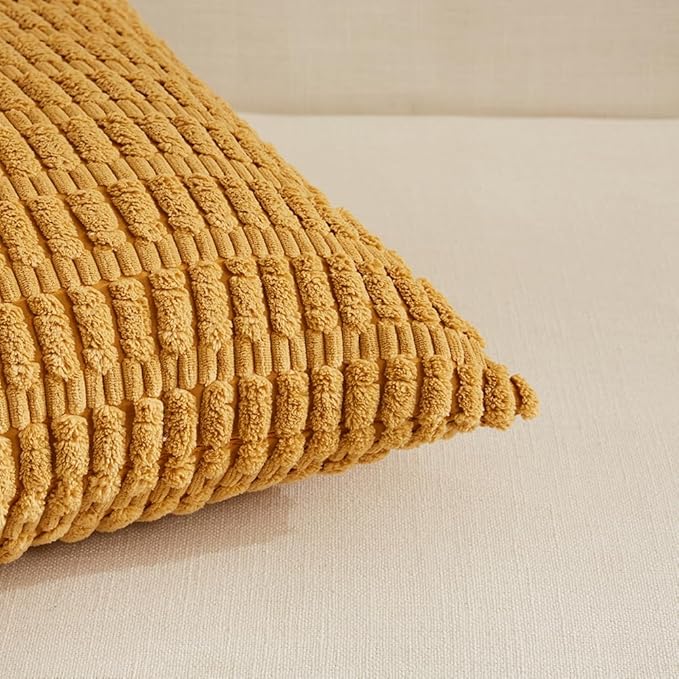 Fancy Homi Mustard Yellow Lumbar Decorative Throw Pillow Covers 12x24 Inch for Living Room Couch Bed Sofa, Rustic Farmhouse Boho Home Decor, Soft Striped Corduroy Rectangle Cushion Case 30x60 cm
