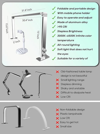 Upgraded Nail Tech Lamp for Desk, 32 in Foldable Large Nail Light with Phone Holder, 3000K-6000K CRI＞95 LED Manicure Lamp, Half Moon Light for Lash Eyelash Extension, Tattoo, Eyebrows-Diamond White