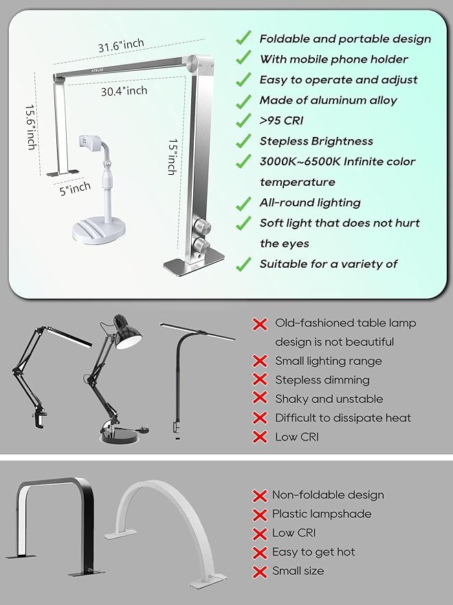 Upgraded Nail Tech Lamp for Desk, 32 in Foldable Large Nail Light with Phone Holder, 3000K-6000K CRI＞95 LED Manicure Lamp, Half Moon Light for Lash Eyelash Extension, Tattoo, Eyebrows-Diamond Pink