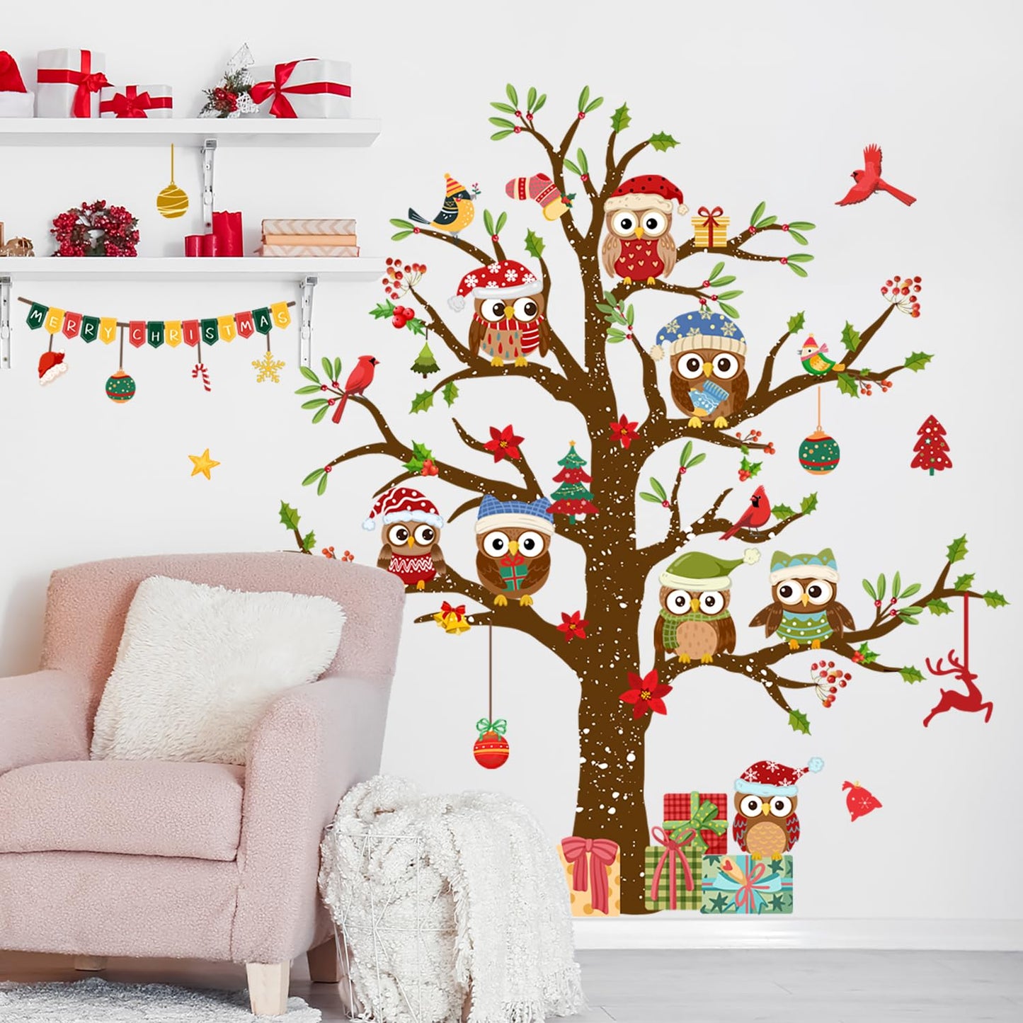 Christmas Tree Wall Stickers Vinyl Cute Owl Wall Decals Peel and Stick Decal for Home Office Walls Windows Doors Christmas Decor (35.43inch x 11.81inch, 3 Sheets)