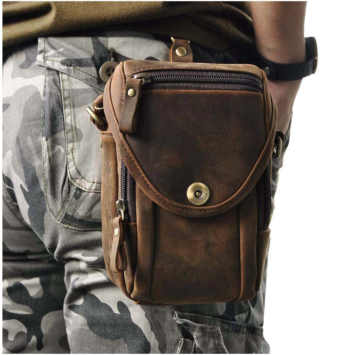 Le'aokuu Mens Vintage Small Messenger Shoulder Satchel Genuine Leather Waist Bag Pack (Dark Brown)