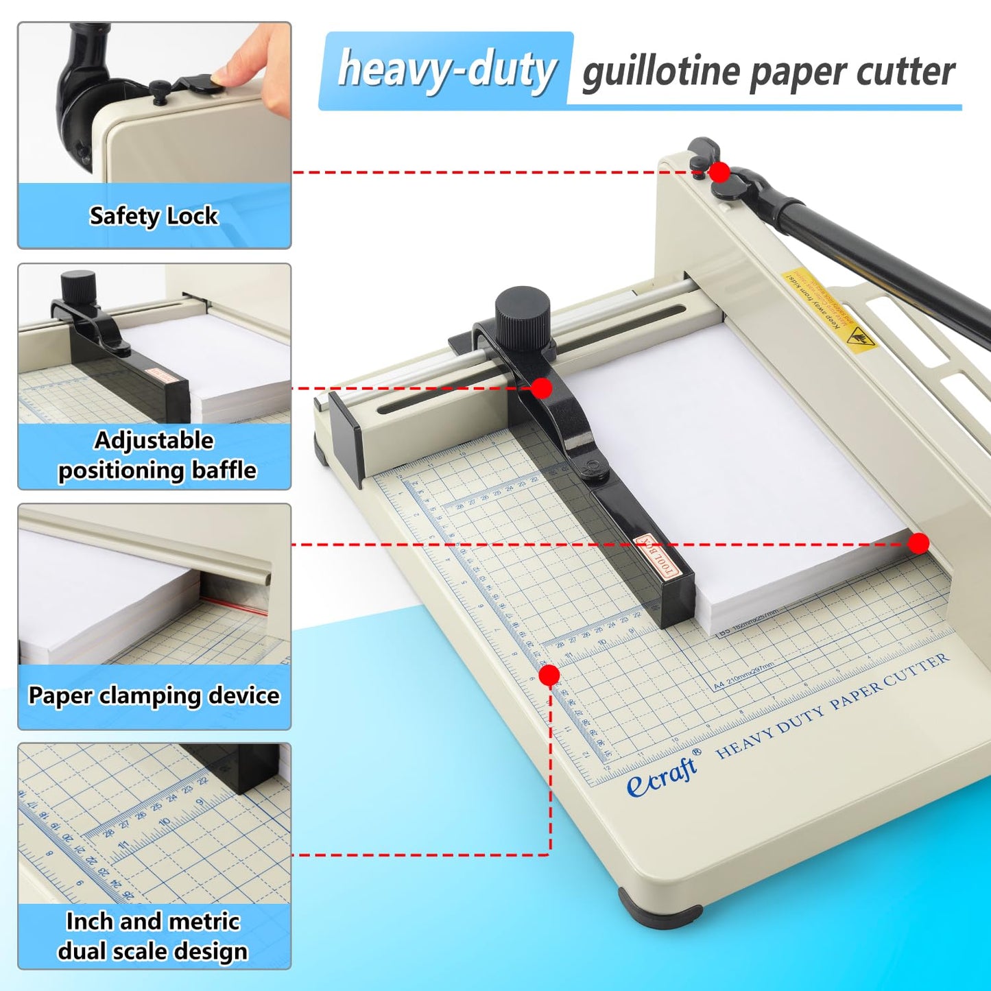 Ecraft Heavy Duty 12" Guillotine Paper Cutter - 400 Sheet Capacity,Solid Steel with HSS Blade,Industrial Commercial Trimmer for Office,School,Print Shop,Safety Lock & Clear Grids