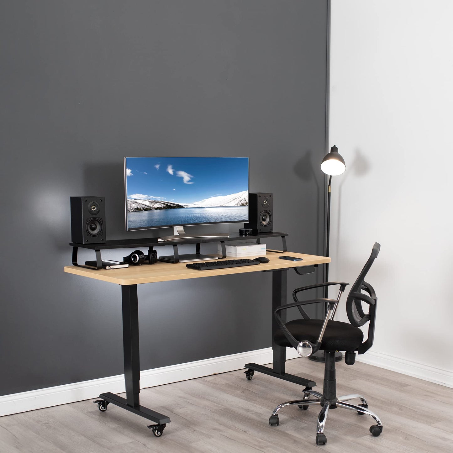 VIVO 55 inch Extra Long Monitor Stand, Wood & Steel Desktop Riser, Multi Screen, TV, Keyboard, Laptop, Ergonomic Desk and Tabletop Organizer, Black, STAND-V000D5