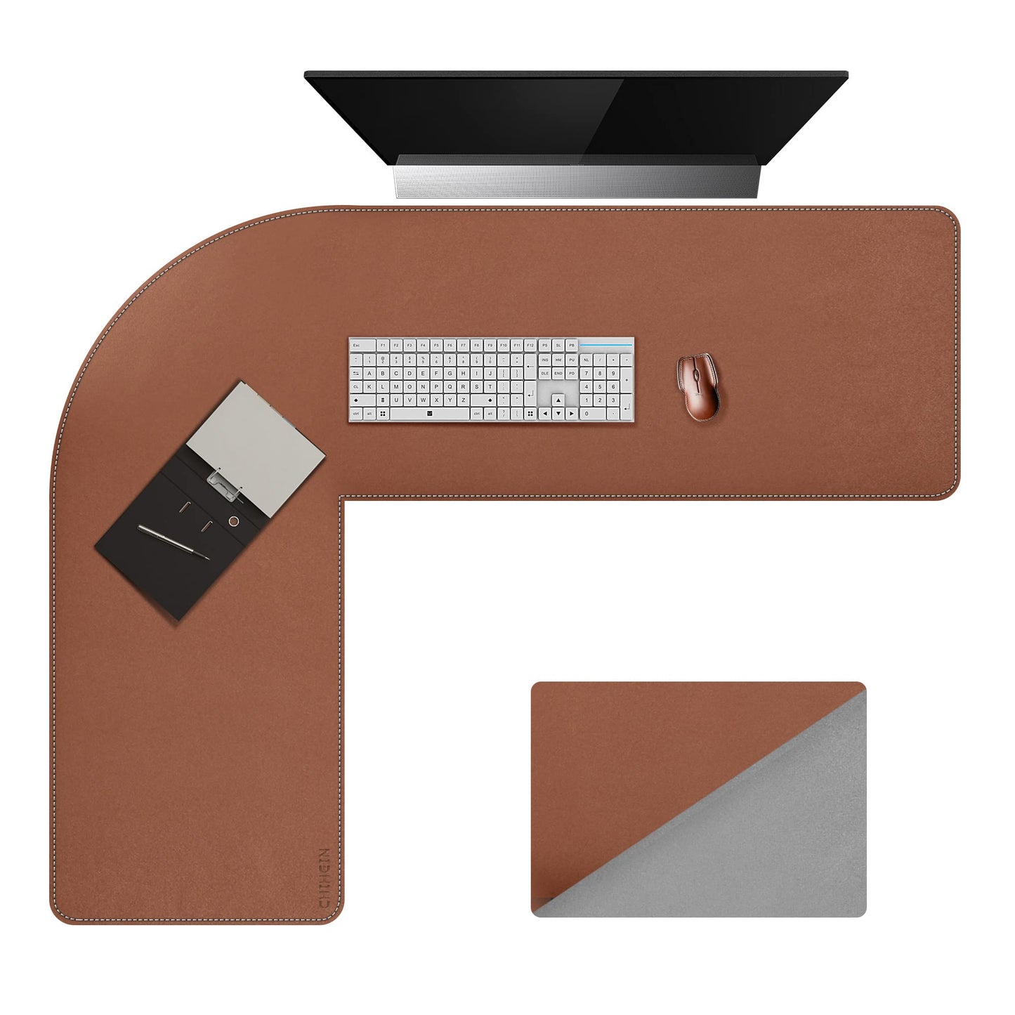 Chihein L-Shaped Desk Pad, Corner Desk Mat (49.2”+ 49.2”) x 15.7”, Computer Office Mouse pad Writing Table Pad for Home Office - Brown/Gray