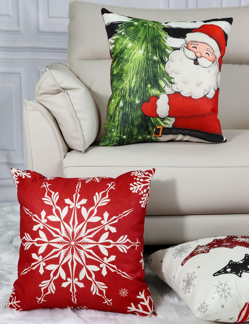 Double-Sided Print Christmas Pillow Covers 16''x16'', Set of 4, 8 Christmas Patterns Christmas Tree, Snowman, Snowflakes, Merry Christmas, Deer, Santa Claus,Truck, Let It Snow, Soft Linen Material