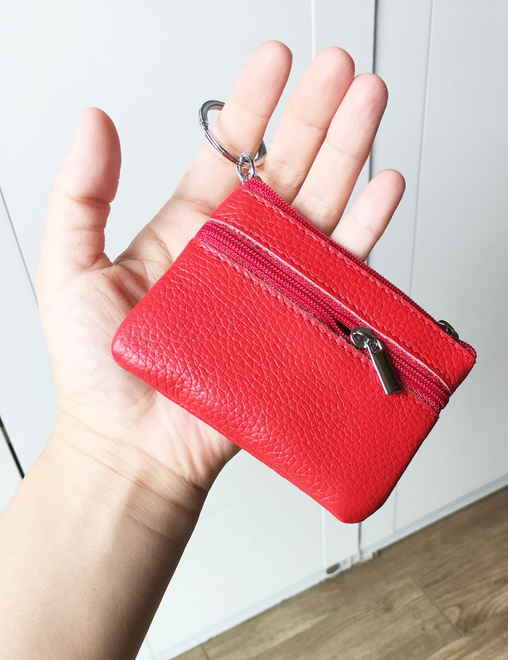 iToolai Women's Leather Small Coin Change Purse with Keychain, Mini Card Holder Wallet, Red
